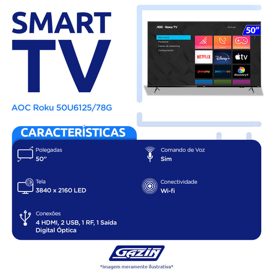 Smart TV AOC Roku LED 50" 4K UHD Wi-Fi 50U6125/78G